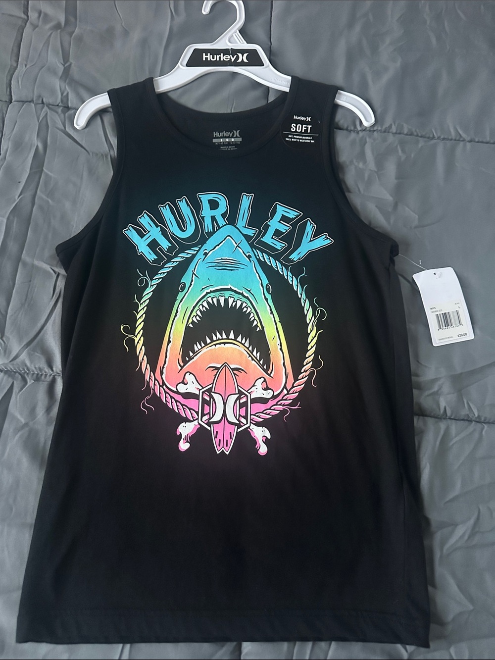 Hurley Black Tank Top with Rainbow Shark Graphic NWT boys L